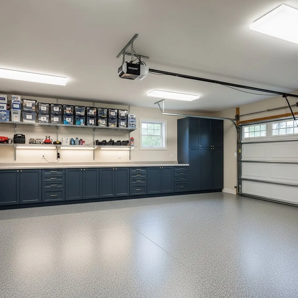 Transformed garage interior renovation featuring modern storage solutions by Union County Contracting in Lewisburg, PA