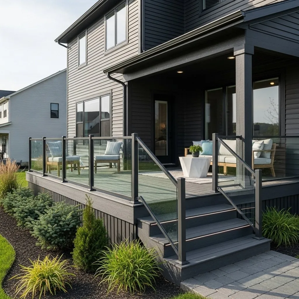 Custom-built modern deck with integrated seating and railing in Lewisburg PA by Union County Contracting in Lewisburg, PA