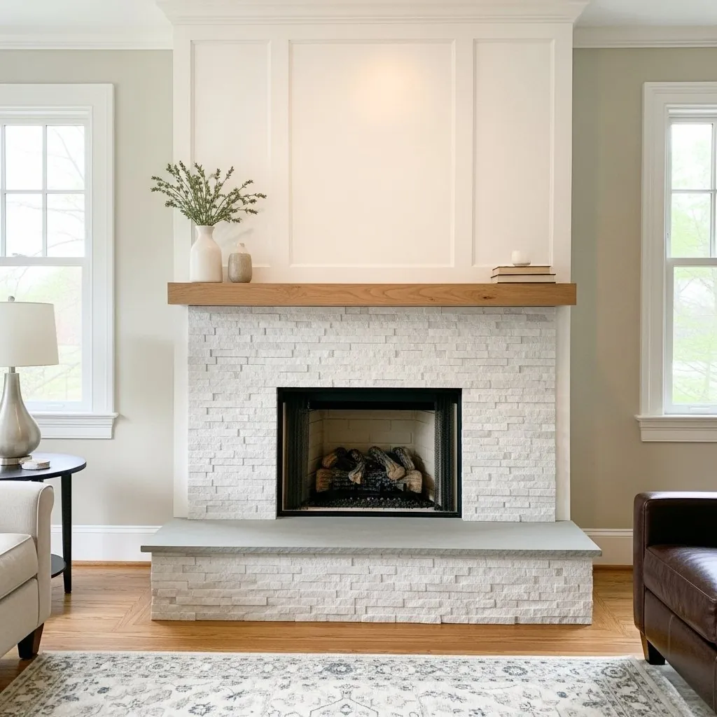Elegant fireplace renovation with custom tile and stone work by Union County Contracting in Lewisburg, PA